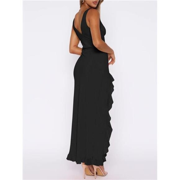 Women Sexy V Neck Sleeveless Mesh Ruffle Hem Bodycon Maxi Casual Backless High - Picture 2 of 6